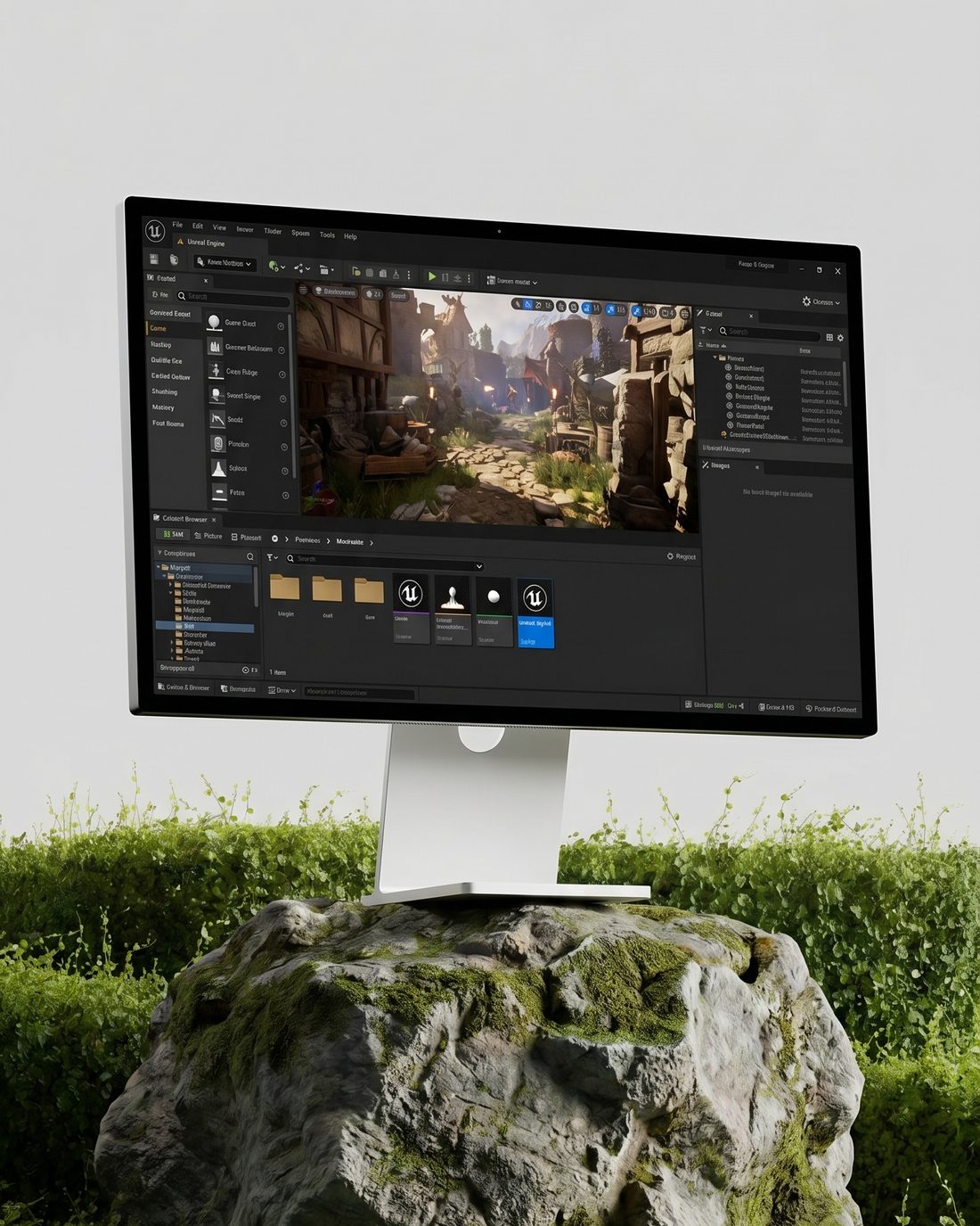 A game world being built in a 3D engine on a monitor, perched on a mossy rock among hedges